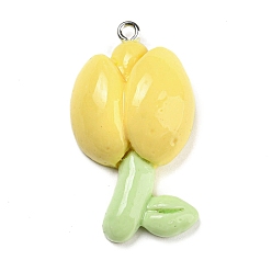 Champagne Yellow Opaque Resin Pendants, Flower Charms, with Platinum Tone Iron Loops, Champagne Yellow, 38x21x10mm, Hole: 1.5mm