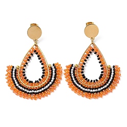 Orange Foncé Boucles d'oreilles pendantes en forme de larme en verre tissé, avec placage sous vide 304 broches en acier inoxydable, orange foncé, 65x46mm