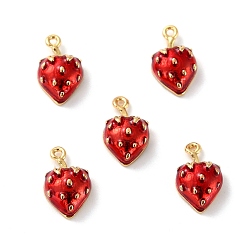 Red Brass Enamel Pendants, Long-Lasting Plated, Cadmium Free & Lead Free, Real 18K Gold Plated, Strawberry, Red, 11x7x4mm, Hole: 0.9mm