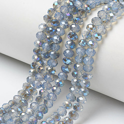 Light Steel Blue Electroplate Glass Beads Strands, Imitation Jade Beads, Half Plated, Blue Plated, Faceted, Rondelle, Light Steel Blue, 6x5mm, Hole: 1mm, about 85~88pcs/strand, 16.1~16.5 inch(41~42cm)