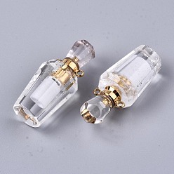 Quartz Crystal Faceted Natural Quartz Crystal Pendants, Rock Crystal Pendants, Openable Perfume Bottle, with Golden Tone Brass Findings, Bottle, 36x15.5x15mm, Hole: 1.8mm, Bottle Capacity: 1ml(0.034 fl. oz)