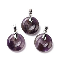Amethyst Natural Amethyst Pendants, with Platinum Tone Brass Findings, Cadmium Free & Lead Free, Donut/Pi Disc, 24~25x20x8.5mm, Hole: 8x5mm