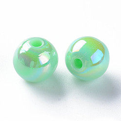 Aigue-marine Perles acryliques opaques, de couleur plaquée ab , ronde, aigue-marine, 10x9mm, Trou: 2mm, environ940 pcs / 500 g
