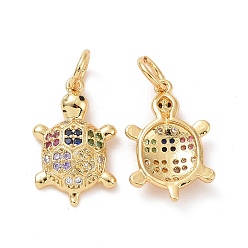 Golden Brass Micro Pave Colorful Cubic Zirconia Pendants, with Jump Ring, Tortoise Charms, Golden, 16x10x3mm, Hole: 3.5mm