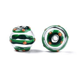Green Transparent Glass Enamel Beads, Round with Stripe Pattern, Green, 13.5~15x14mm, Hole: 2~2.5mm