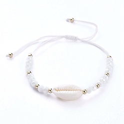 White Adjustable Nylon Thread Braided Bead Bracelets, with Natural Cowrie Shell Beads, Faceted Glass Beads and Brass Beads, White, Inner Diameter: 3.2~7.8cm