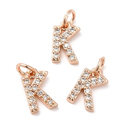 Real Rose Gold Plated Brass Micro Pave Grade AAA Cubic Zirconia Charms, Letter K, Cadmium Free & Nickel Free & Lead Free, Real Rose Gold Plated, 8.5x6x1.5mm, Hole: 2mm
