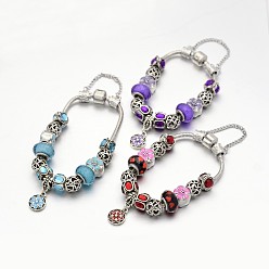 Mixed Color Flower Alloy Rhinestone Enamel European Beaded Bracelets, with Resin European Beads, Brass Chains and Alloy Clasps, Mixed Color, 180mm