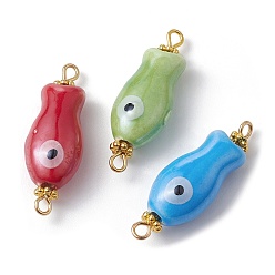 Mixed Color Handmade Porcelain Connector Charms, Fish Links with Golden Tone Iron Double Loops, Mixed Color, 30x10x8mm, Hole: 1.8mm