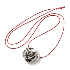 Platinum Zinc Alloy Rose Flower Pendant Necklace with Leather Cords, Platinum, 56.69~57.09 inch(144~145cm)