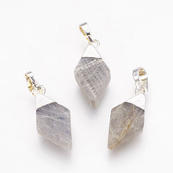 Silver Natural Labradorite Pointed Pendants, with Brass Findings, Bullet, Silver Color Plated, 18.5x9x4~5mm, Hole: 4x6mm