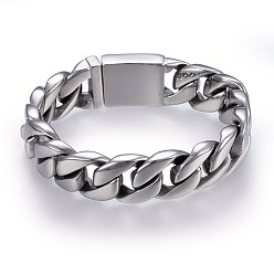 Stainless Steel Color 304 Stainless Steel Curb Chains Bracelets, with Box Clasps, Stainless Steel Color, 9-1/2 inch(24cm), 17x6mm