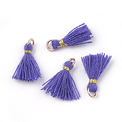Medium Purple Polycotton(Polyester Cotton) Tassel Pendant Decorations, Mini Tassel, with Iron Findings and Metallic Cord, Light Gold, Medium Purple, 10~15x2~3mm, Hole: 1.5mm