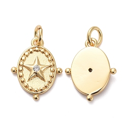Golden Brass Micro Pave Clear Cubic Zirconia Charms, with Jump Rings, Oval with Star, Golden, 14.5x11x2mm, Hole: 3mm