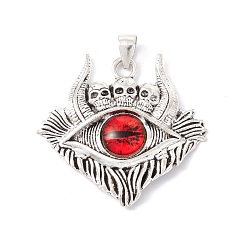 Red Glass Pendants, with Antique Silver Plated Alloy Findings, Skull with Evil Eye, Red, 37.5x39x6mm, Hole: 6x4mm