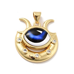 Medium Blue Eye with Moon Brass Micro Pave Clear Cubic Zirconia Pendants, with Resin Eyeball, Cadmium Free & Nickel Free & Lead Free, Real 18K Gold Plated, Medium Blue, 23x22x7mm, Hole: 3.6x4.3mm