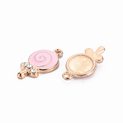 Pink Alloy Pendants, Cadmium Free & Lead Free, with Enamel and Rhinestone, Lollipop, Light Gold, Crystal, Pink, 18x9.5x3mm, Hole: 1.5mm