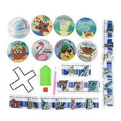 Mixed Color DIY Marine Animal Theme Diamond Painting Wood Cup Mat Kits, Including Coster Holder, Resin Rhinestones, Diamond Sticky Pen, Tray Plate and Glue Clay, Mixed Color, Packaging: 130x126x80mm