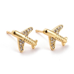 Clear Plane Cubic Zirconia Stud Earrings, Real 18K Gold Plated Brass Earrings for Women, Lead Free & Cadmium Free, Clear, 11x10mm, Pin: 0.8mm