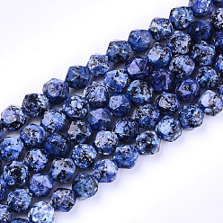 Azul Hebras naturales de jaspe de sésamo / kiwi jaspe, facetados, teñido, cuentas redondas con corte de estrella, azul, 9~10x9~10x9~10 mm, agujero: 1 mm, sobre 37 unidades / cadena, 14.5 pulgada