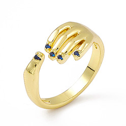 Royal Blue Cubic Zirconia Hand Plam Open Cuff Ring, Golden Brass Jewelry for Women, Royal Blue, US Size 6 3/4(17.1mm)