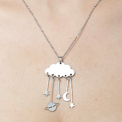 Stainless Steel Color 201 Stainless Steel Cloud with Planet Pendant Necklace, Stainless Steel Color, 17.72 inch(45cm)