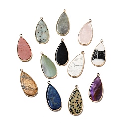 Mixed Stone Natural & Synthetic Mixed Gemstone Pendants, Teardrop Charms, with Light Gold Tone Brass Findings, Mixed Dyed and Undyed, 45x21~21.5x3~3.5mm, Hole: 2mm