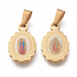 Mixed Color 304 Stainless Steel Lady of Guadalupe Pendants, Oval with Virgin Mary, Golden, 17x10.5x2mm, Hole: 6.5mm