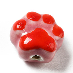 Rouge Violet Pâle Perles de porcelaine imprimés faits à la main, empreintes de pattes, rouge violet pâle, 13.5x15x9.5mm, Trou: 1.8mm
