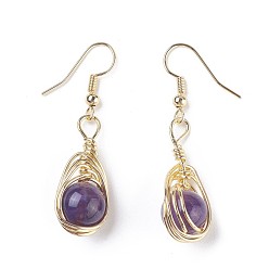Amethyst Natural Amethyst Dangle Earrings, with Brass Findings, 44~47mm, Pin: 0.7mm