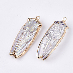Clear AB Electroplate Glass Big Pendants, with Iron Findings, AB Color, Cicada, Golden, Clear AB, 53~55x18~19x13mm, Hole: 2.5mm