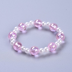 Pink Transparent Acrylic Imitated Pearl  Stretch Kids Bracelets, with Transparent Acrylic Beads, Round, Pink, 1-7/8 inch(4.7cm)