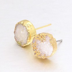Snow Flat Round Natural Druzy Agate Stud Earrings, with Golden Plated Brass Findings, Snow, 10x6~7mm, Pin: 0.8mm
