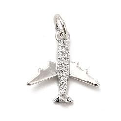 Real Platinum Plated Rack Plating Brass Micro Pave Cubic Zirconia Charms, Passenger Plane Charm, Long—Lasting Plated, with Jump Rings, Cadmium Free & Lead Free, Real Platinum Plated, 14x13x2mm, Hole: 3mm