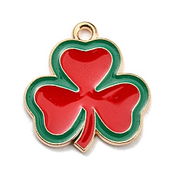 Red Saint Patrick's Day Alloy Enamel Pendants, Light Gold, Clover Charm, Red, 22x20.5x1.5mm, Hole: 2mm