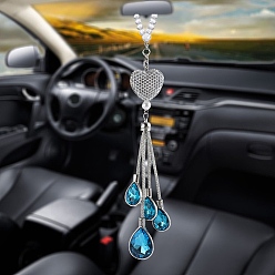 Sapphire Alloy Heart with Rhinestone Teardrop Tassel Pendant Decorations, for Interior Car Mirror Hanging Decorations, Deep Sky Blue, 250mm