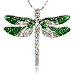 Verde Aleación de platino libélula esmalte colgantes grandes, con diamante de imitación, verde, 57x64x5 mm, agujero: 2 mm