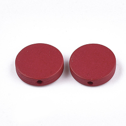 Crimson Painted Natural Wood Beads, Flat Round, Crimson, 15~15.5x4mm, Hole: 1.8mm