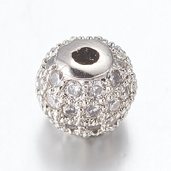 Clair Micro en laiton pavent des perles cubes de zircone, ronde, platine, clair, 12mm, Trou: 2.5mm