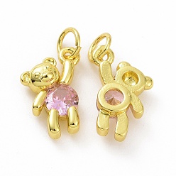 Pearl Pink Brass Micro Pave Clear Cubic Zirconia Charms, with Jump Rings, Bear, Pearl Pink, 14x11x4mm, Hole: 4mm