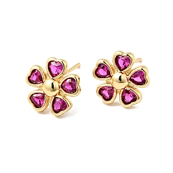 Deep Pink Rack Plating Brass Cubic Zirconia Stud Earrings for Women, Cadmium Free & Lead Free, Heart Flower, Real 18K Gold Plated, Deep Pink, 10.5x11mm, Pin: 0.7mm