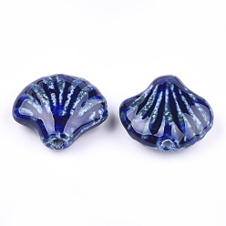 Blue Handmade Porcelain Beads, Fancy Antique Glazed Porcelain, Shell, Blue, 28~29x32~33x12.5~14mm, Hole: 3~3.5mm