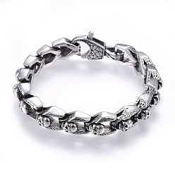 Antique Silver Retro 304 Stainless Steel Bracelets, with Lobster Claw Clasps, Skull, Antique Silver, 8-5/8 inch(22cm), 12x9.5mm