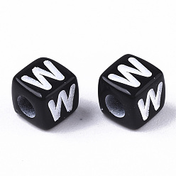 Letter W Opaque Acrylic Beads, Horizontal Hole, Alphabet Style, Cube, Black & White, Letter.W, 5x5x5mm, Hole: 2mm, about 5000pcs/500g