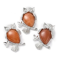 Red Aventurine Natural Red Aventurine Teardrop Pendant Rhinestone Settings, Rack Plating Platinum Plated Brass Owl Charms, Long-Lasting Plated, Fit for 1.8mm Rhinestone, 34.5x24x7.5~8mm, Hole: 5x3mm