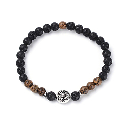 Lava Rock Natural Lava Rock Beads Stretch Bracelets, with Wood Beads, Tibetan Style Alloy Beads and Brass Bead Spacers, 2-1/4 inch(58mm)