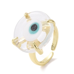 Blue Lampwork Evil Eye Open Cuff Ring, Golden Brass Lucky Jewelry for Women, Lead Free & Cadmium Free, Blue, Inner Diameter: 16mm