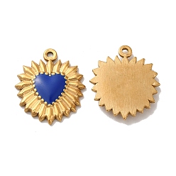 Blue Ion Plating(IP) 304 Stainless Steel Charms, with Enamel, Real 18K Gold Plated, Sun with Heart, Blue, 23x20x3mm, Hole: 1.4mm