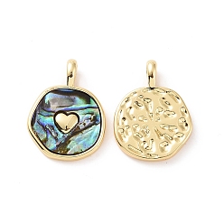 Heart Natural Abalone Shell/Paua Shell Pendants, with Real 18K Gold Plated Brass Findings, Cadmium Free & Lead Free, Long-Lasting Plated, Flat Round Charm, Heart Pattern, 18x13.5x2mm, Hole: 2x3mm