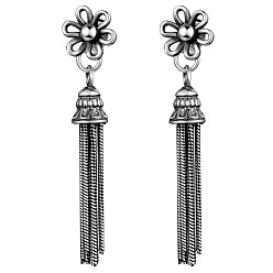 Antique Silver 925 Sterling Silver Flower with Tassel Dangle Stud Earrings for Women, Antique Silver, 31mm, Pin: 1mm
